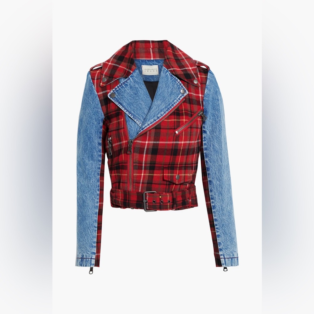 W/ Tags Alice + Olivia Denim Cody Belted Moto Biker Jacket w/ Plaid S